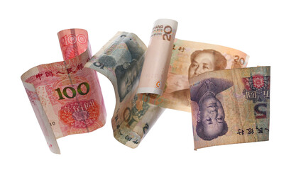 Flying yuan bills pile, rmb Chinese  paper money isolated on white, clipping pat 
