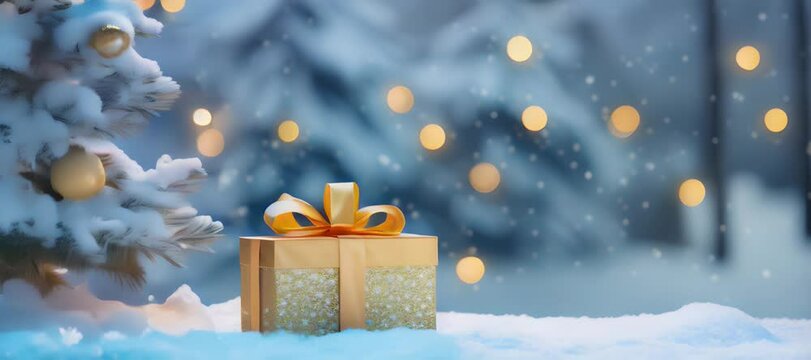 A gift in a yellow festive box with a ribbon on the snow next to the Christmas tree against the background of lights and snowfall in defocus. New year and Christmas background footage. Generative AI
