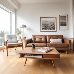 Fotobehang living room interior - comfortable living space in toronto, minimalist furniture, mid century style, coffee table, kindle, and a coffee © Sowmya
