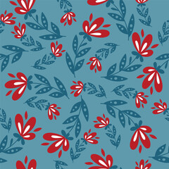 Fototapeta na wymiar Elegant seamless pattern with hand drawn flowers on blue background. 