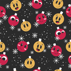 Funny seamless winter pattern with smiling Christmas balls. Hand drawn vector illustration in red and gold colors.