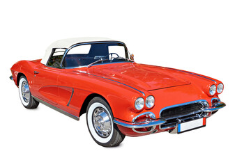 Vintage retro old red car isolated white