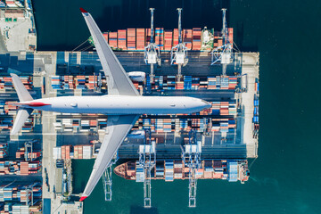 Logistics and transportation of Container Cargo ship and Cargo plane with working crane bridge in...
