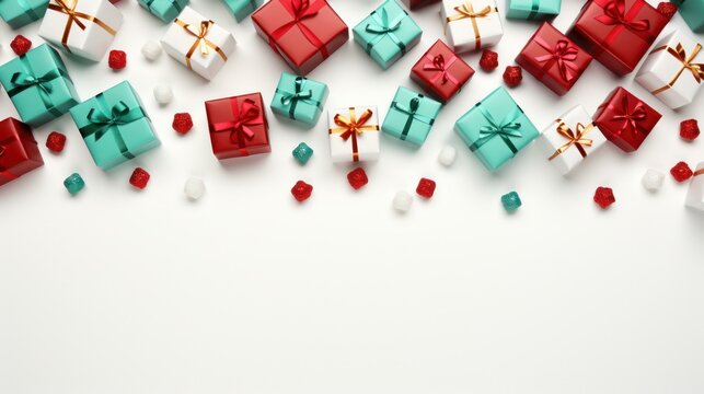 Merry Christmas and Happy Holidays greeting card, frame, banner. New Year. Noel. Christmas white handmade gifts and red decor on white background top view. Winter xmas holiday theme. Flat lay