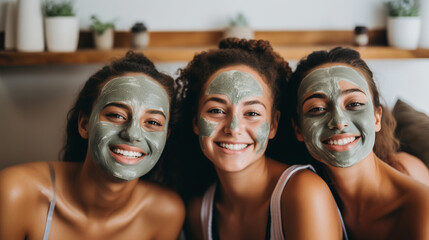 A group of Gen Z friends enjoying a relaxing day at a spa, getting massages and facials, Gen Z friends, with copy space - obrazy, fototapety, plakaty