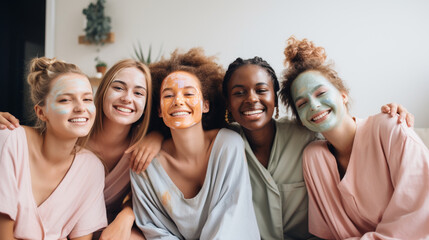 A group of Gen Z friends enjoying a relaxing day at a spa, getting massages and facials, Gen Z friends, with copy space