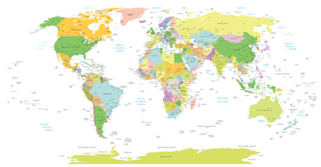 Fototapeta na wymiar High Detail World map.All elements are separated in editable layers clearly labeled. Vector