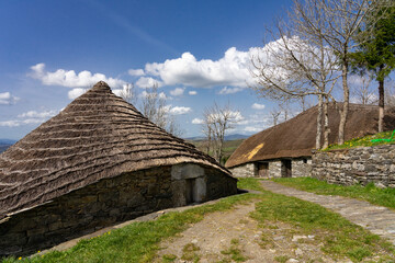 Traditional houses called pallozas with their thatched roofs in the beautiful village of O Cebreiro, which is a crossing point on the way of Santiago, Lugo.Spain