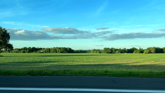 Beautiful view of flat field with some trees and forest in horizon from fast moving car passenger side window, driving plate.