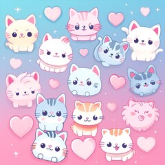 Kawaii-style illustration of irresistibly cute, fluffy cats, pastel pink background, gentle pink and blue gradient, bright, cheerful atmosphere, round shapes, chubby cheeks, big, sparkling eyes, littl