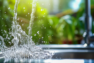 Close up of from water tab water comes out vigorously to splashes with full water of modern kitchen sink. Environmental concept of savings and savings. - obrazy, fototapety, plakaty