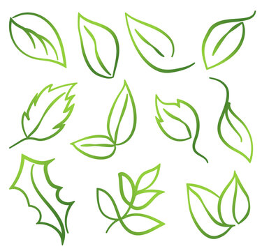 Set of leaves symbolizing eco, green energy, ecology. Vector image, sketch in line art style