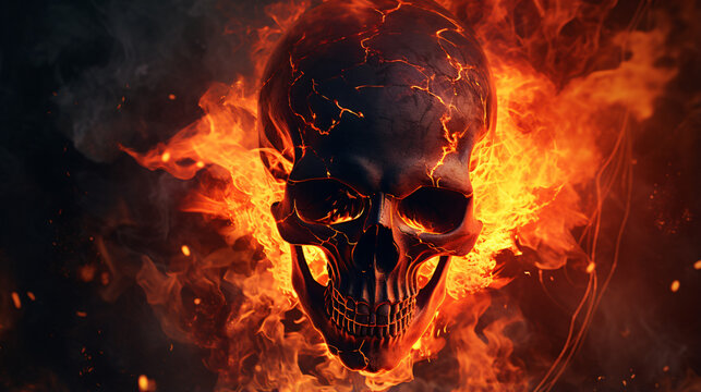 Black skull in fire flame