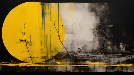 ellow and black abstract painting with a yellow circle in the background, in the style of black and white etchings