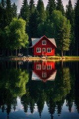 Obraz premium A small wooden house in a coniferous forest on the shore of a lake. A place for privacy and escape from the bustle of the city. House in a national park on the shore of a picturesque lake.