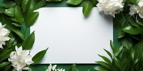 Sheet of white paper surrounded by green plants and white flowers, decorated with plants and flowers canvas, beautiful white sheet for presentation, floral white background, clipart with a white paper