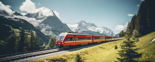 Suburban passenger train. A locomotive pulls a passenger train along a winding road among the summer forest and mountains. Picturesque scenery and train travel. - obrazy, fototapety, plakaty