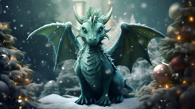 Beautiful magical, light blue dragon symbol of 2024 in a snowy fairy forest with copy space. gothic style. 2024 Happy New Year and Christmas greeting card concept.