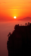 During the sunrise or sunset, the beautiful scenery on the mountains