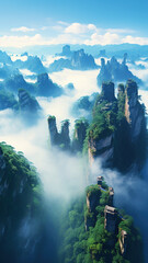The peak miracle of the cliff in the fog in nature; the screen of the mobile phone or computer wallpaper