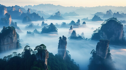 The peak miracle of the cliff in the fog in nature; the screen of the mobile phone or computer wallpaper