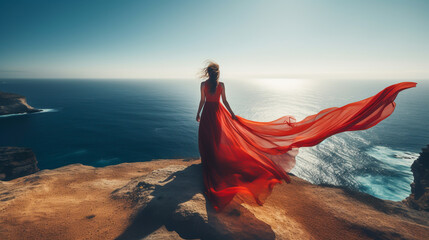 Woman in red dress standing on a cliff by the sea. The wind blows in the long veil. Creativity portrait photography. Travel and fashion concept. AI generative. - Powered by Adobe