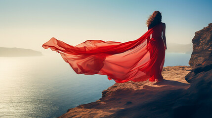 Woman in red dress standing on a cliff by the sea. Sense of freedom. The wind blows in the long veil. Creativity portrait photography. Travel and fashion concept. AI generative.