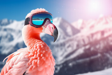 A pink flamingo in a winter landscape dreaming of summer, sun and paradise. Reflection of ocean and beach in the ski goggles. Blurred snowy mountains as background. Travel concept. AI generative.