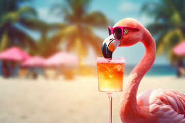 Pink flamingo in sunglasses drinking cocktail in paradise. Blurred tropical beach background. Travel, holiday and relaxation concept. AI generative illustration. - obrazy, fototapety, plakaty