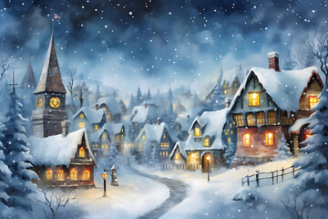 Illustration of a village on a magical Christmas night. Warm light coming from the houses