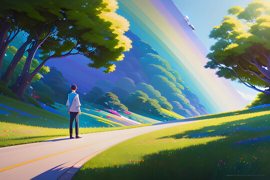 rainbow in summer mountain acrylic painting trending on pixiv fanbox palette knife and brush stro. Generative AI