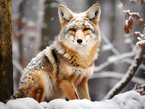 Calm coyote sitting in winter forest on blurred background. Wildlife photography