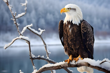 Obraz premium A bald eagle perched on a snow-covered branch, scanning for its next meal. Wildlife photo