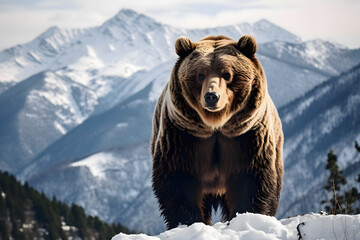 A majestic grizzly bear emerging from hibernation in a snowy mountain range. Wildlife photo © dreamdes