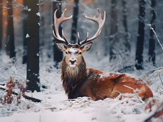 A noble forest resting in the winter woods. Winter wildlife photo