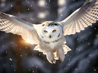 A regal snowy owl in flight, against a backdrop of snowfall. Photo of a predator on the hunt