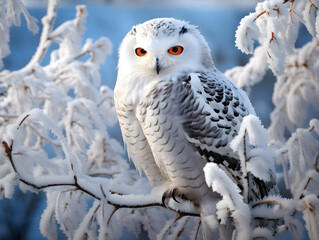 A snowy owl perched on a frost-covered branch. Detailed winter photography