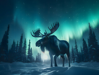 Lone moose walking through the snow with the lights of the northern lights dancing around it. Wildlife winter photo