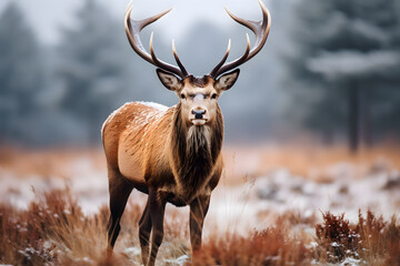 A deer with majestic antlers stands in a winter meadow with a bokeh background. Wildlife photo