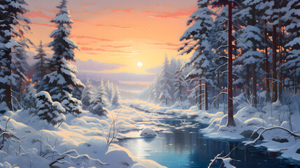 A vibrant digital illustration capturing the beauty of a winter landscape. Detailed painting