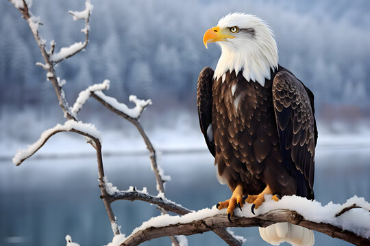 A bald eagle perched on a snow-covered branch, scanning for its next meal. Wildlife photo
