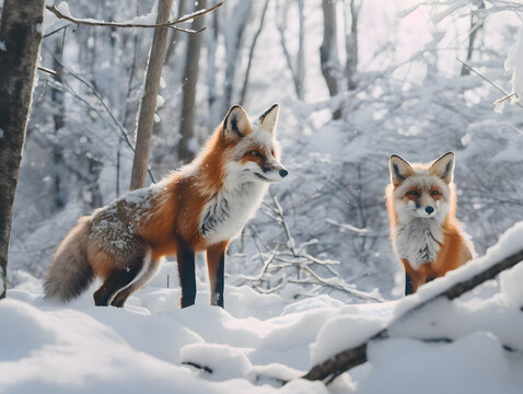 A pair of foxes standing in the middle of a snowy forest. Winter wildlife photo