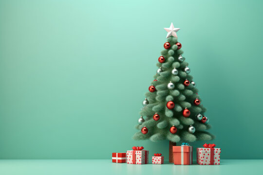 Christmas tree with gift boxes in the green or tiffany blue background with empty space.
