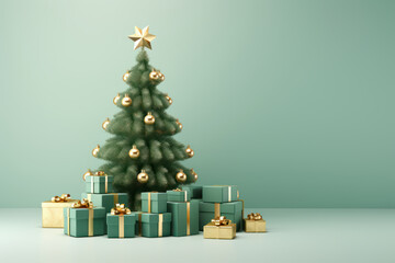 Christmas tree with gift boxes in the green or tiffany blue background with empty space.