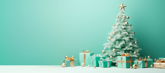 Christmas tree with gift boxes in the green or tiffany blue background with empty space. - obrazy, fototapety, plakaty