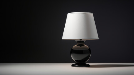 A white table lamp with a black shade