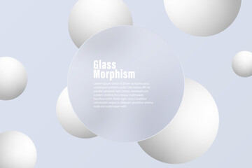 Horizontal glass translucent banner with levitating balls and spheres. Abstract glass morphism background.