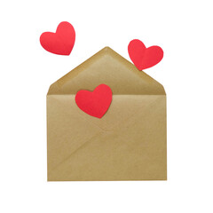 Mail craft envelope and paper hearts on a transparent background. Romantic message