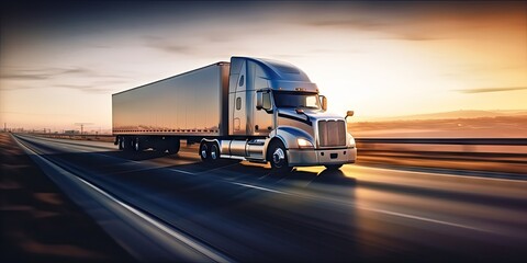Speeding through sunset. Freight truck on highway. Cargo in motion. Journey into sunset. Highway logistics. Fast and heavy freight transportation - obrazy, fototapety, plakaty