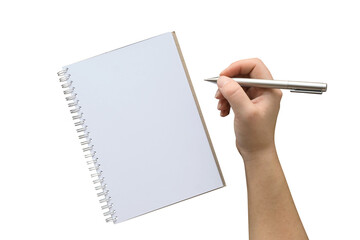 Composition with a hand holding a pen and clean note on a transparent background